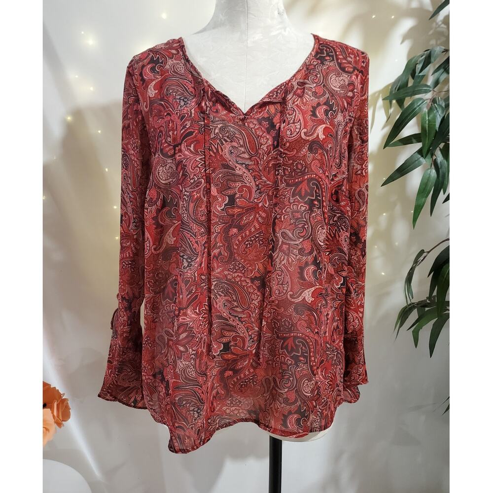 Vtg 90s y2k Fashion Bug Sheer Paisley V-Neck Bell Sleeve Blouse Sz 14/16 XL Boho